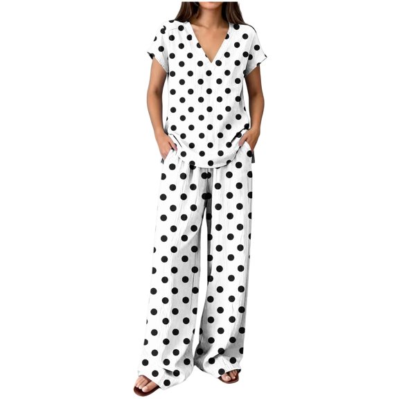 hoksml Women's Polka Dot 2 Piece Outfit, V Neck Cap Sleeve Top and Elastic Waist Wide Leg Pants Casual Lounge Set