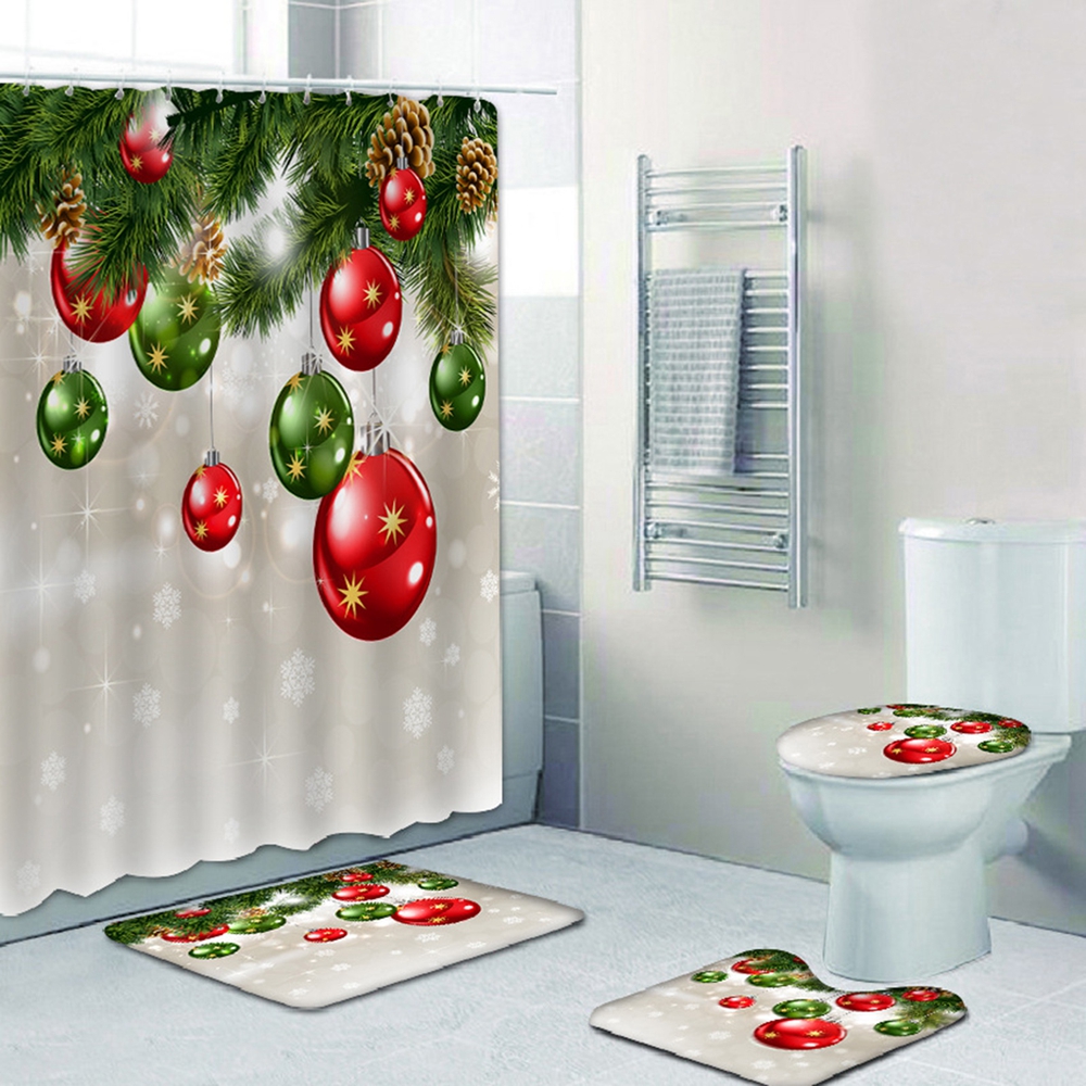 4piece Christmas Shower Curtain Set, Christmas Shower Curtain, Non