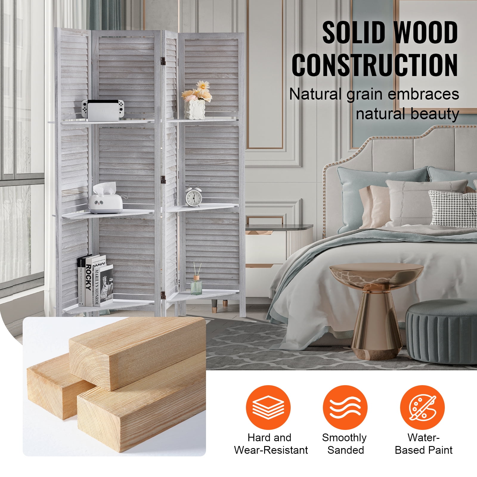 VEVOR Wood Room Divider, 4 Panel Wood Folding Privacy Screen, 66.9 Inches&nbsp;Tall Indoor Louvered Partition Divider, Portable Decoration Screen, for Room Separation,&nbsp;Home
