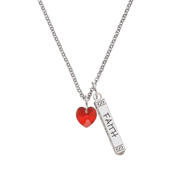 Delight Jewelry Red Crystal Heart Silvertone Believe Faith Prayer Hope Bar Charm Necklace, 23"