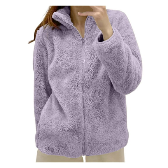 Razzly Women's Solid Color Jacket Collar Zip Up Cozy Outerwear(Purple,S)