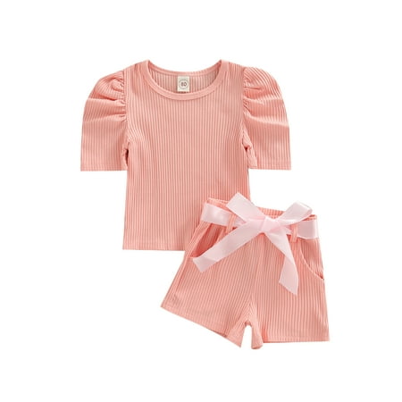 

Sunisery Kids Baby Girls 2Pcs Clothes Sets Summer Puff Sleeve Cotton Rib Girls Tops + Casual Shorts Outfits Pink 12-18 Months