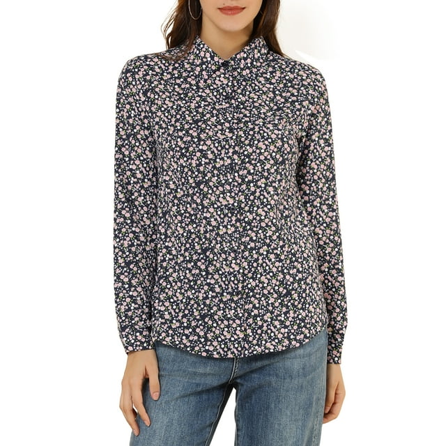 INSPIRE CHIC Women's Button Down Shirt Ditsy Floral Long Sleeve Point Collar Office Top XL Dark Blue