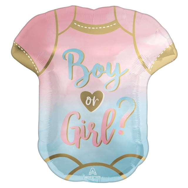 Baby reveal balloon shaped like a onesie with pink and blue gradient background featuring the text 'Boy or Girl?' in gold, blue, and pink lettering.