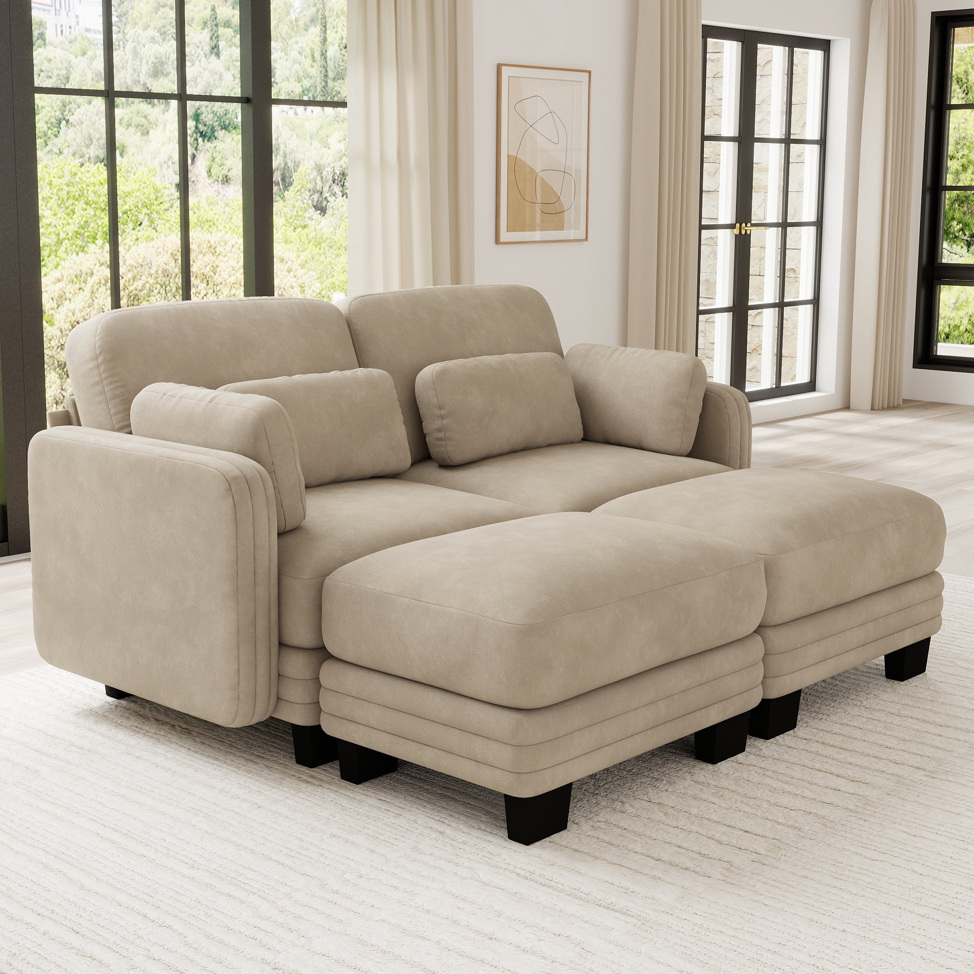 70" Modern Modular 2 Seater Loveseat Sofa Couch with 2 Ottoman and 4 Pillows
