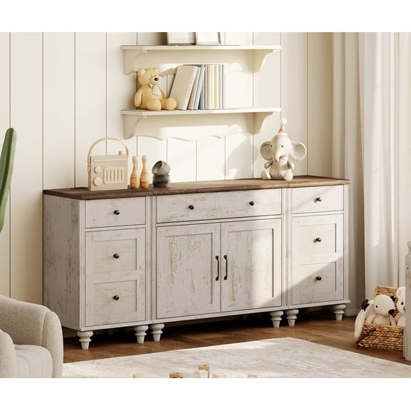 WAMPAT Rustic White Sideboard Buffet Cabinets with Charging Station , Mid-Century Cupboard & End Table with 3 Drawers and 4 Doors, 3-in-1 Kitchen Storage Cabinets for Dining Room
