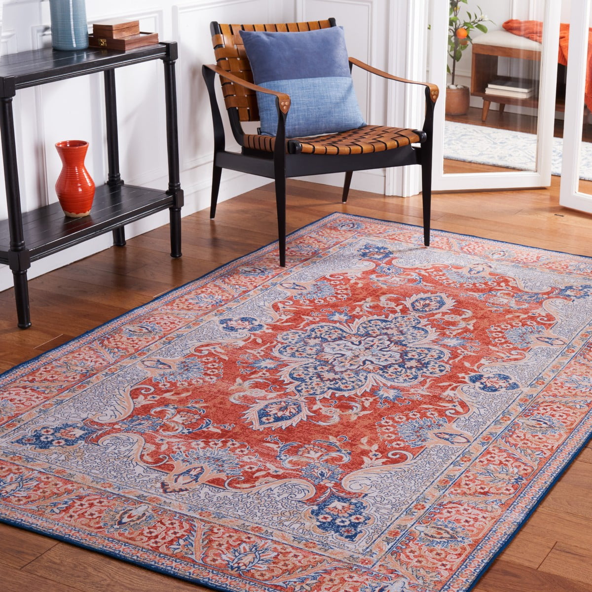 SAFAVIEH Tucson Alphonse Traditional Machine Washable Area Rug, 6' x 9', Rust/Blue