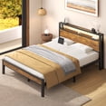 thumbnail image 4 of Queen Bed Frame with LED and Charging Station, Metal Platform Bed with Storage Headboard, Brown, 4 of 11