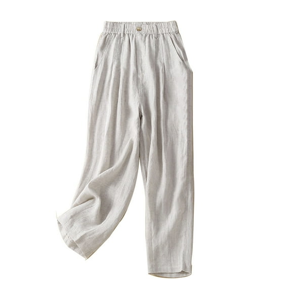 Wide Leg Pants for Women Elastic High Waist Cotton Linen Pants Casual Loose Lightweight Lounge Trousers with Pockets