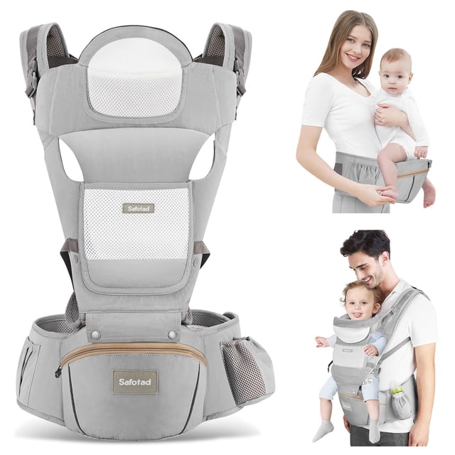 Safotad Portabebés con asiento para la cadera, portabebés ergonómico en posición M 6 en 1 para recién nacidos y niños pequeños, soporte para la cabeza y portabebés de malla transpirable, portabebés aj