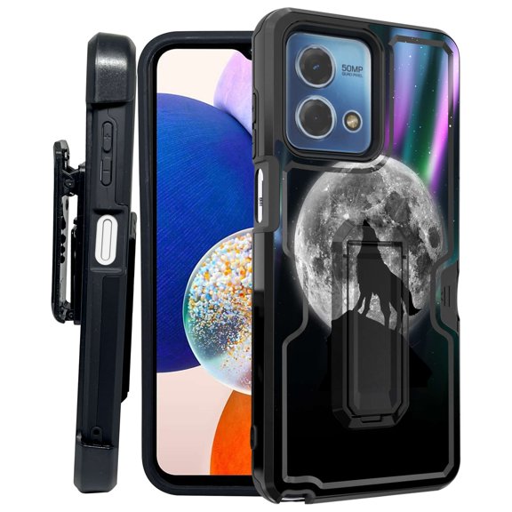 ANJ  Rugged Shockproof Kickstand Hybrid Case with Card Slot and Holster   Tempered Glass Cover for Motorola Moto G Stylus 5G (2023) - Full Moon Howling Wolf