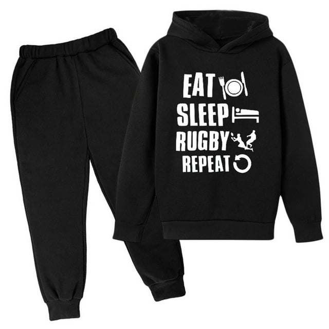 FAOWME Ensemble de Sport Rétro pour Enfants Garçons Filles, Survêtement Rugby, Sweat à Capuche, Pantalon, Jogging, Noir 5-6 Ans