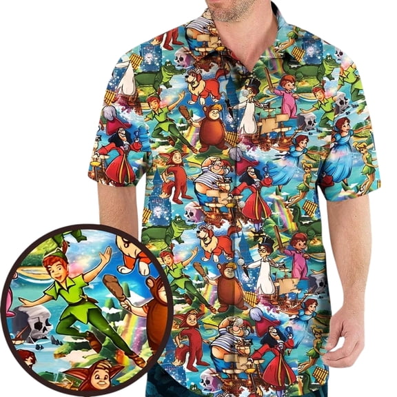 Disney Peter Pan And Wendy Button Shirt, Fairy And Friends Button Up Shirt, Peter Pan Hawaiian Shirt, Movie Cartoon Summer Beach Shirt