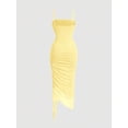 thumbnail image 2 of Light Yellow Womens Ruched Bodycon Midi Dress With Spaghetti Straps And Asymmetrical Ruffle Hem, 2 of 4