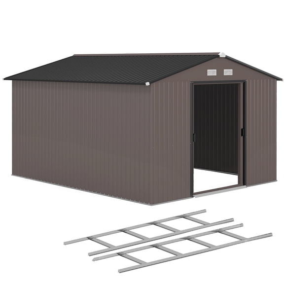Outsunny 9' x 10.6' Garden Storage Shed w/ Steel Foundation Kit, Brown