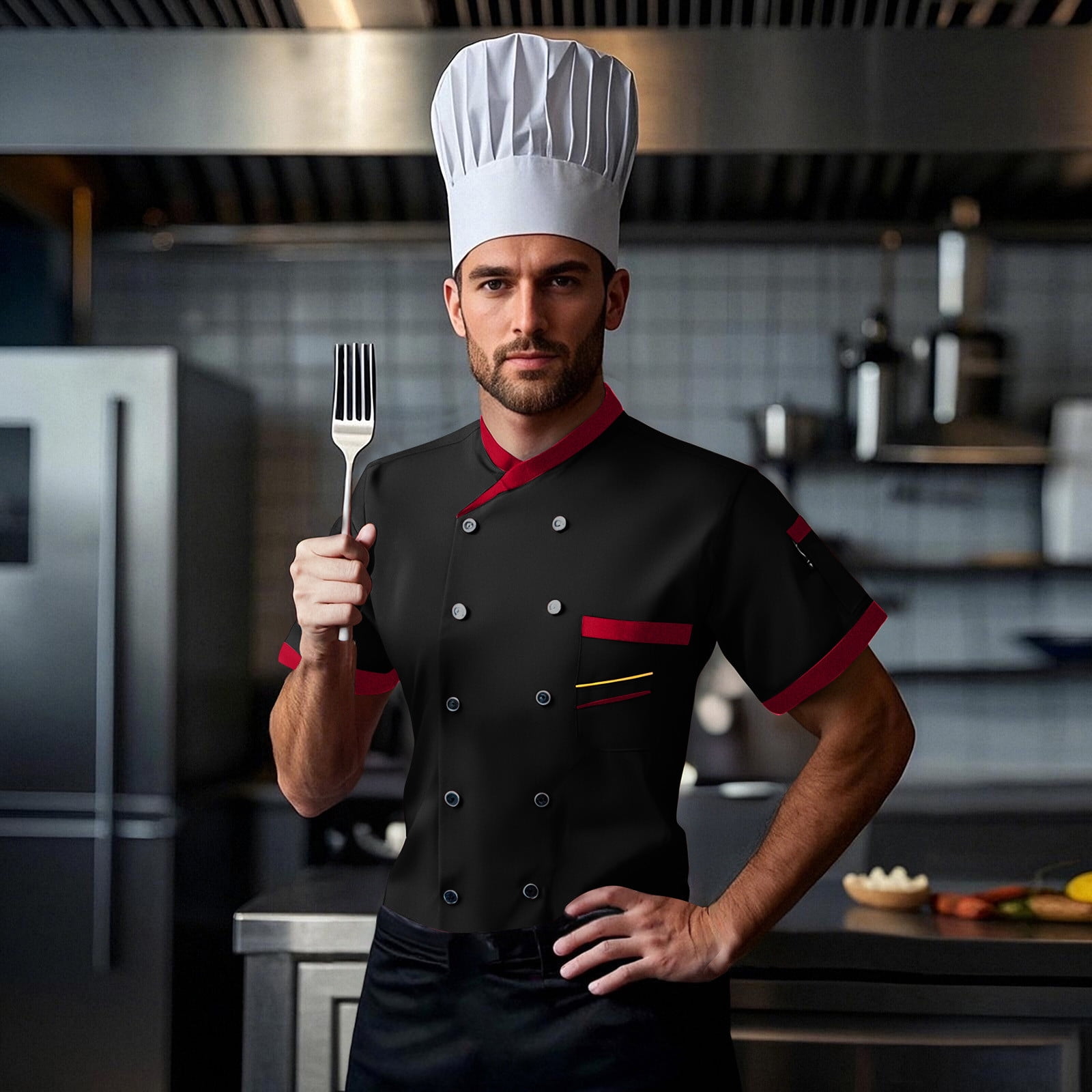 UANWENN Men's Catering Chef Workwear Chef Outfit Short Sleeve Top