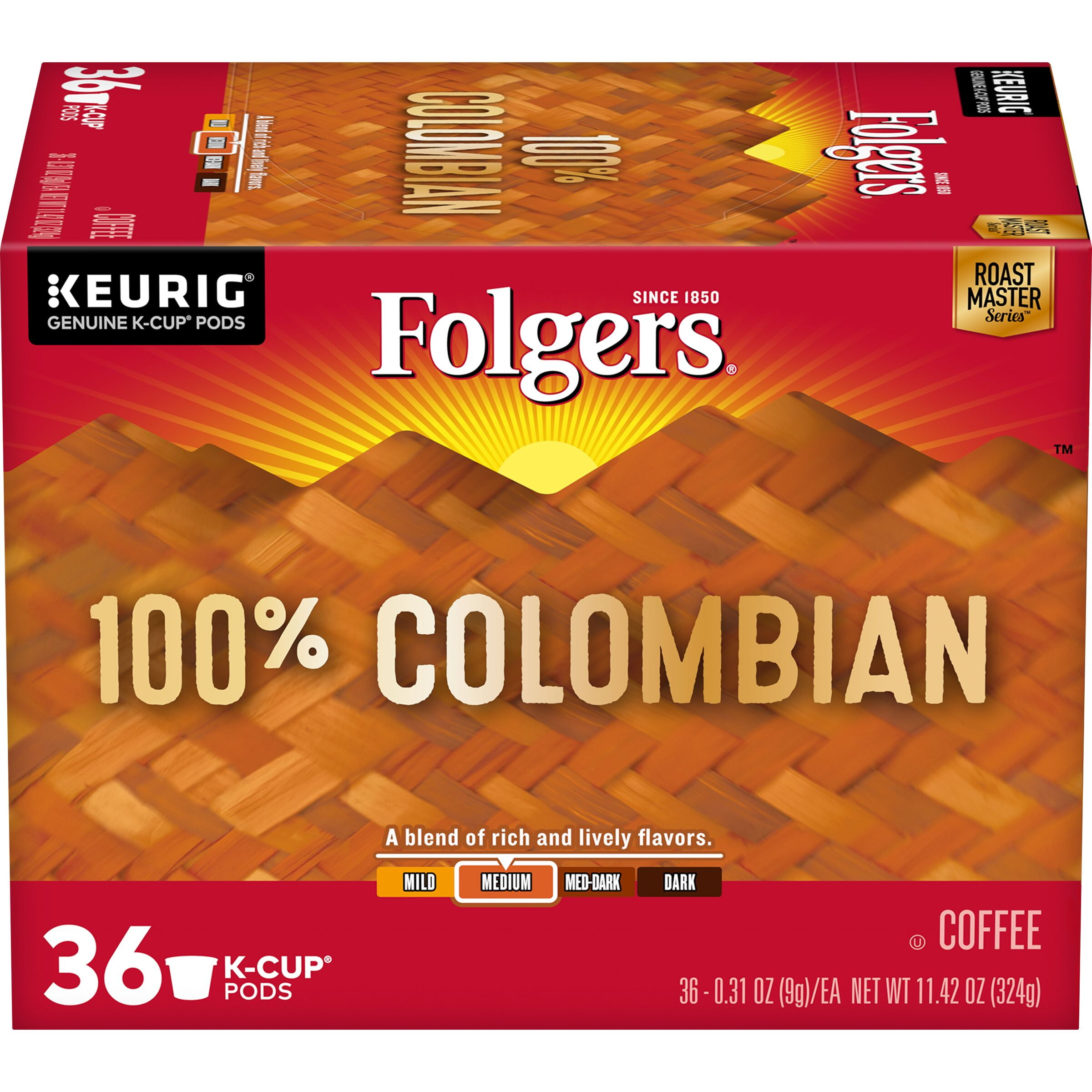 Folgers 100 Colombian Coffee, Medium Roast, KCup Pods for Keurig K