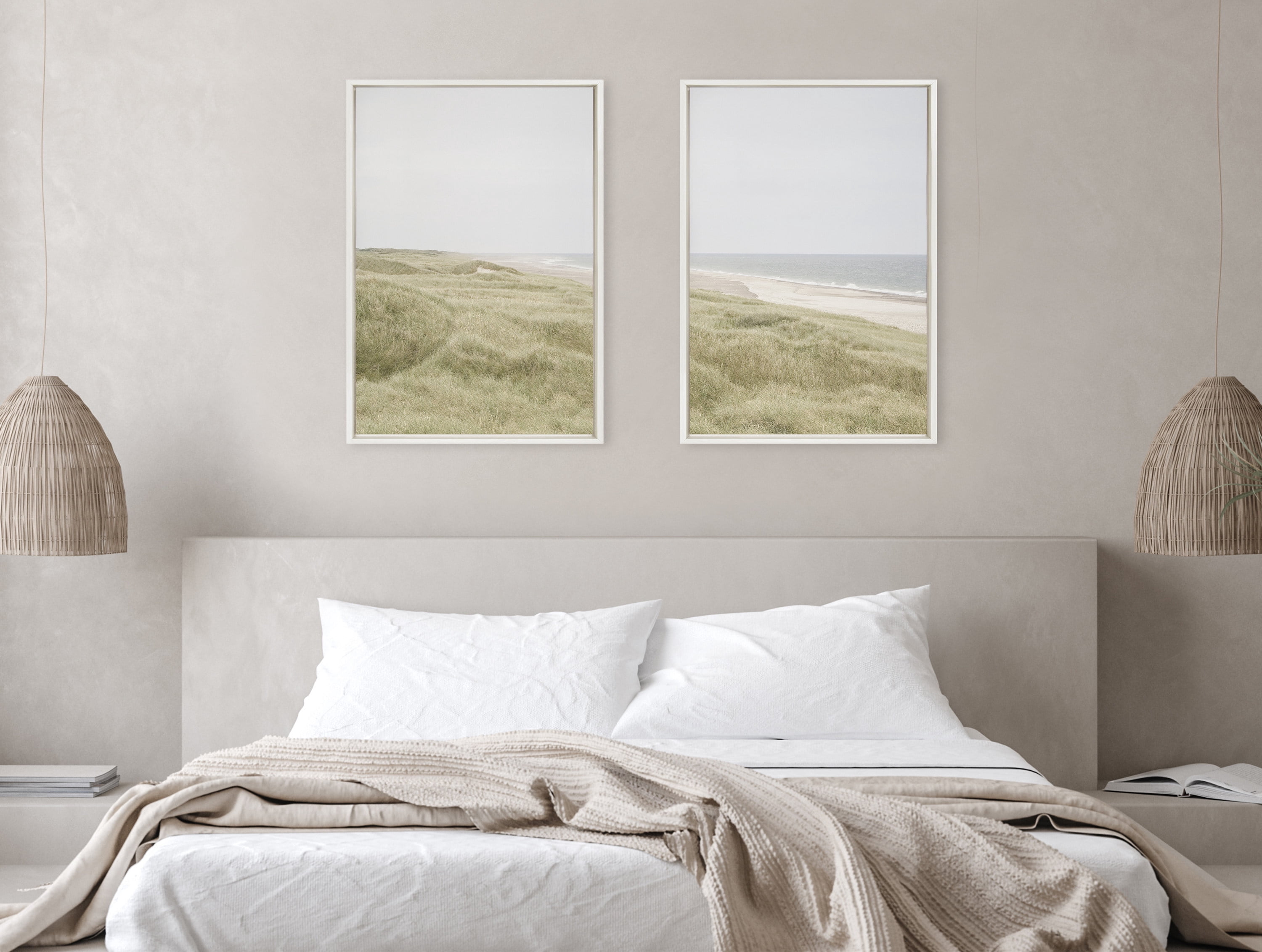 Kate and Laurel Sylvie Peaceful and Serene Coastal Landscape Left and Right Framed Canvas Wall Art Set by The Creative Bunch Studio, 2 Piece 23x33 White, Natural Calming Beach Art Set for Wall