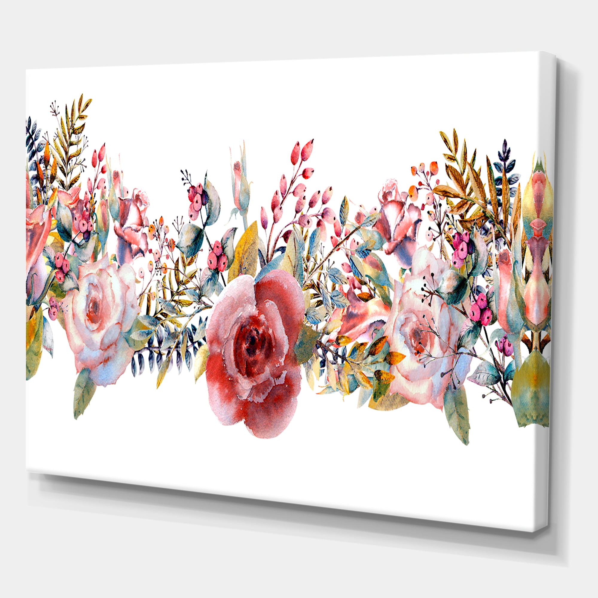 Wildflower and Pink Roses 8 in x 12 in Painting Canvas Art Print, by Designart