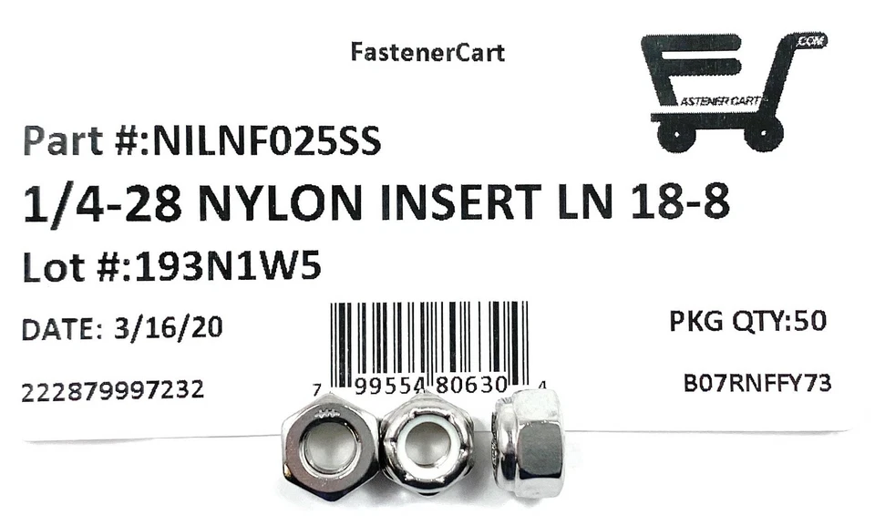 CIRCLE- (50) 1/4-28 Stainless Steel Nylon Insert Lock Nuts - Fine Thread Unf 1/4-28