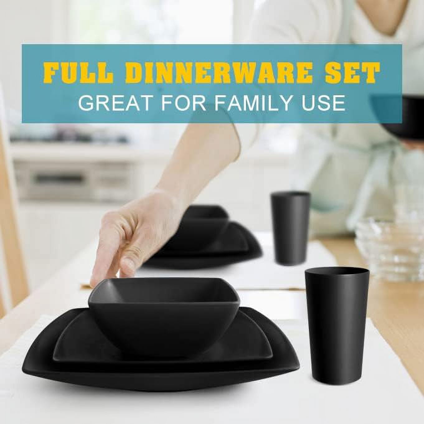 Teivio 16-piece Plastic Wheat Straw Square Dinnerware Set for 4, Unbreakable Dinner Plates, Salad Plates, Snack Bowls, Tumblers 13.5 oz, Dishwasher Safe, Black