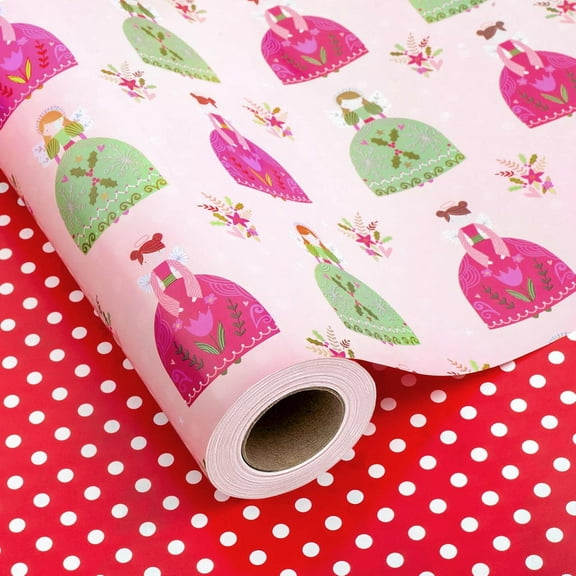 GRA Pink Christmas Wrapping Paper Roll - Metallic Foil Shine Angel Girl & Red Polka Dots Reversible Gift Wrap for Christmas, New Year Celebration, Holiday, Party - Mini Roll - 17 Inch x 33 Feet