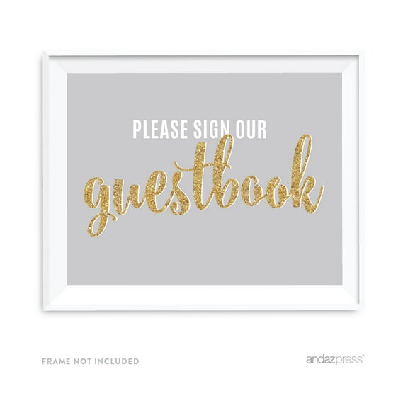 Signature Light Gray, White, Gold Glittering, 8.5x11-inch Party Sign, Please Sign Our Guestbook