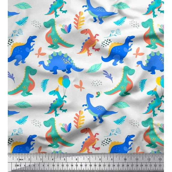 Soimoi White Cotton Jersey Fabric Balloon & Dinosaur Kids Printed Fabric 1 Yard 58 Inch Wide