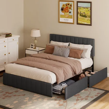 Aiho Bed Frame Queen with 4 Storage Drawers for Bedroom, Dark Grey