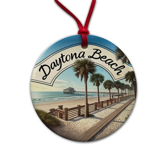Daytona Beach, Florida FL Travel City State Stamp Christmas Tree Holiday Round Ceramic Ornament