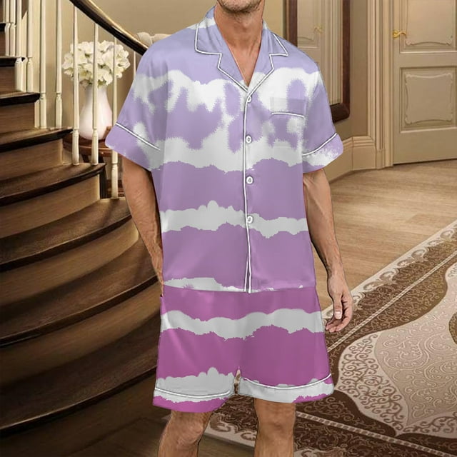 Men's Gradient Multicolored Printed Silk Satin Short Sleeved Button Up Pajamas Set for Comfortable Sleep and Relaxation