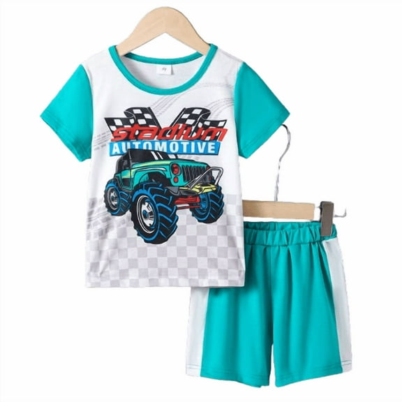 Mikrdoo 5T Toddler Kid Boys Monster Trucks Outfit Car Print Short Sleeve Patchwork T-shirt Elastic Shorts 2Pcs Summer Clothes