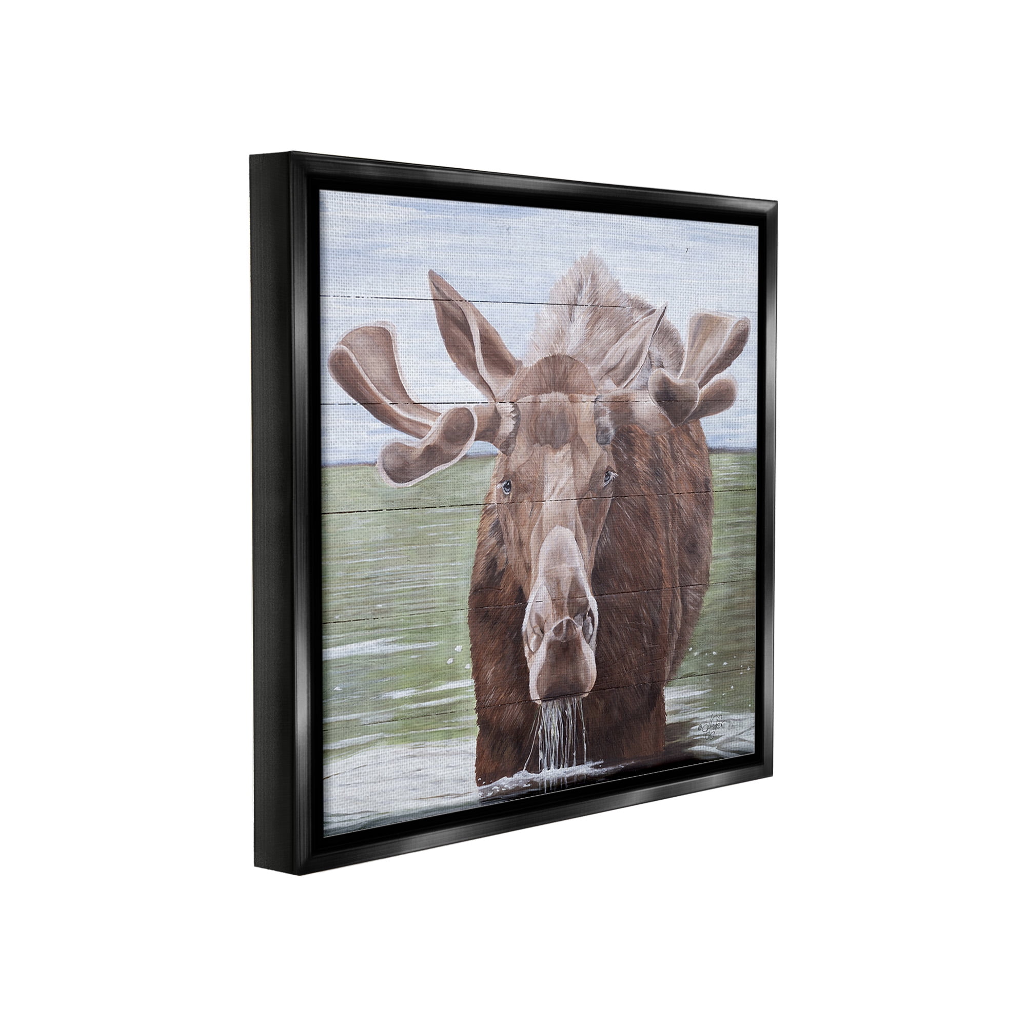 Stupell Industries Rustic Moose in Lake Animals & Insects Painting Black Floater Framed Canvas Art Print Wall Art, 25 x 25