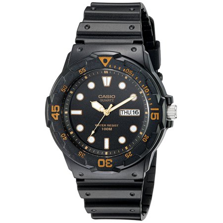 Clock Men Casio Men's MRW200H-1EV Dive Watch with Black Band, Black watch with orange contrasts featuring luminous hour hands, date window at three o'clock, and non-click.., By Casio ()