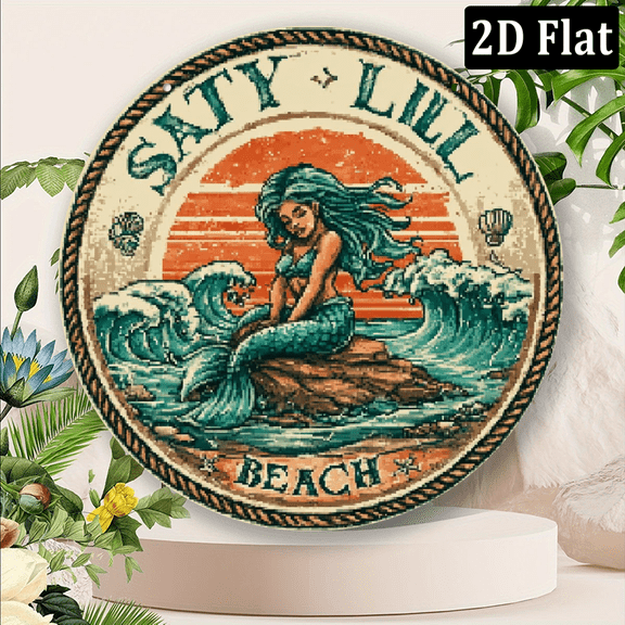 2D Flat, 1pc 8x8 Inch Aluminum Metal Wall Art Sign - VintageStyle Salty Lil' Beach Mermaid Decor with Teal Orange Coastal Sunset Design, Waterproof Rustproof No Fade, Easy Hang for Indoor Home