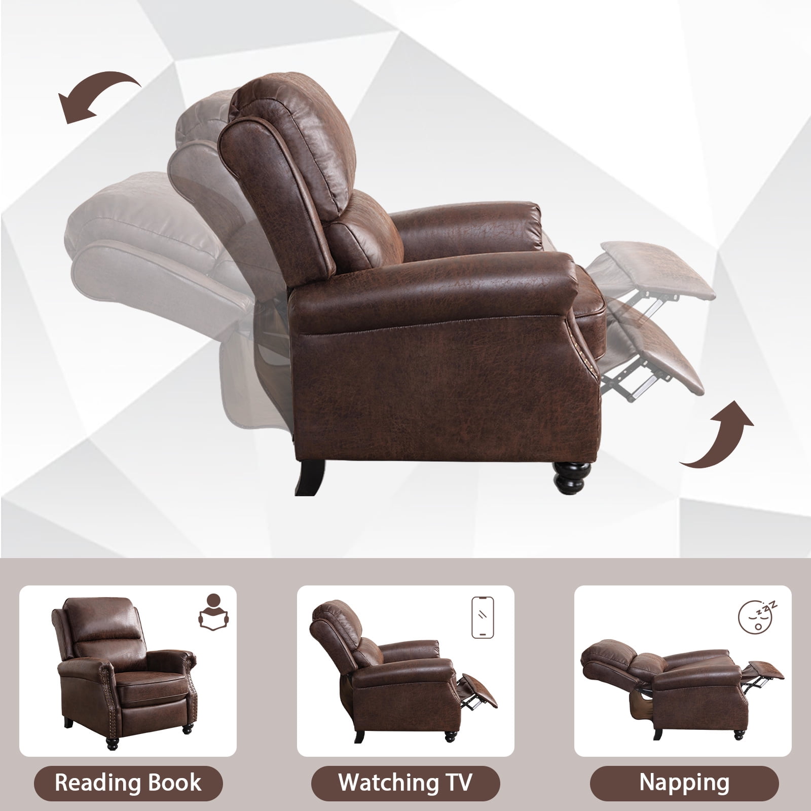 Bonzy Home Pushback Recliner Chair Leather Armchair Push Back Recliner with Nail Head Single Sofa Accent Chair for Living Room, Chestnut
