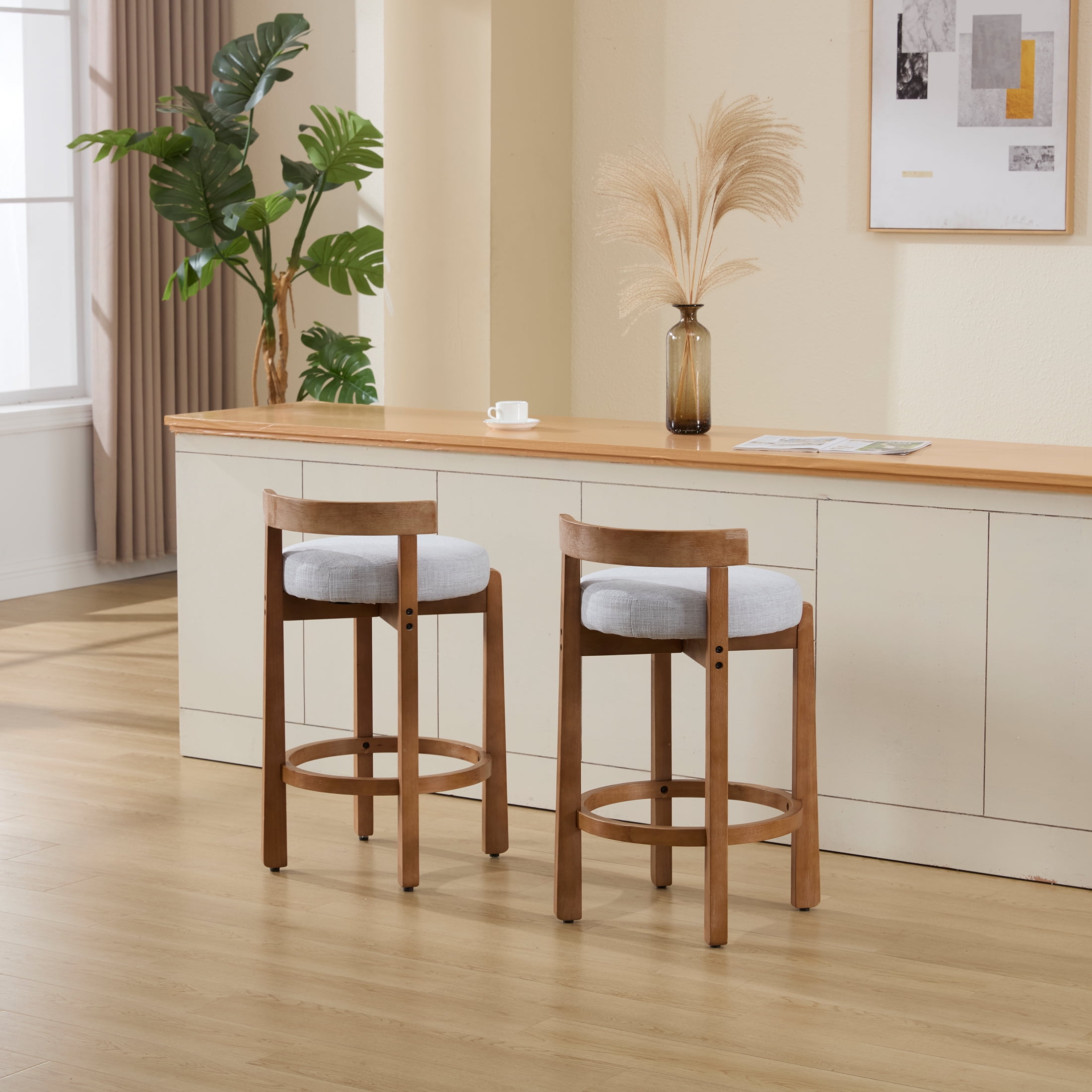 Guyou Counter Height Stools Set of 2, Mid Century Modern 27" Armless Island Bar Stools with Curved Back and Wooden Frame, Round Kitchen Stools with Footrest for Restaurant Bar Kitchen Island, Grey