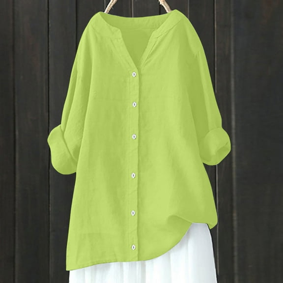 Fznquz Plain Women's Long Sleeve Tops Button Up V Neck Green Shirts Winter Fall Casual Tees for Women
