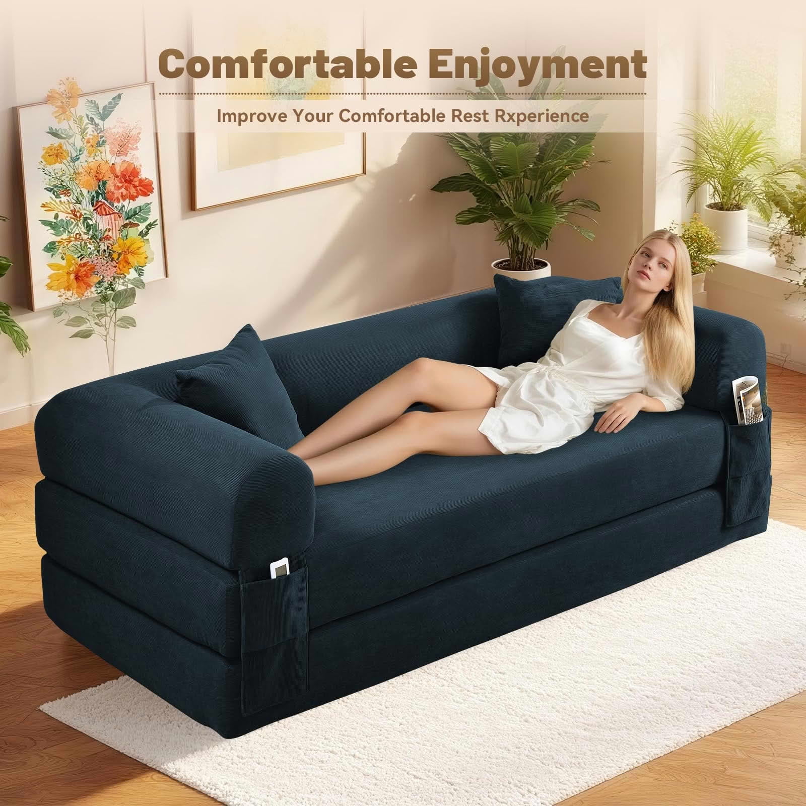 MAYEERTY 80" Navy Blue Corduroy Convertible Sofa Bed, 600lbs Queen Size Fold Out Sleeper Couch with Storage & No Assembly for Living Room