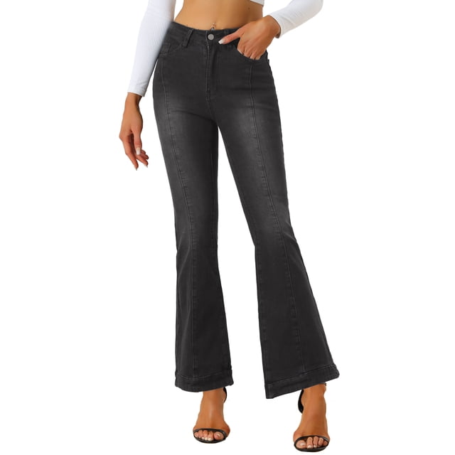INSPIRE CHIC Pantalones de campana vintage de cintura alta elásticos para mujer, jeans largos con botones en forma de campana, color negro