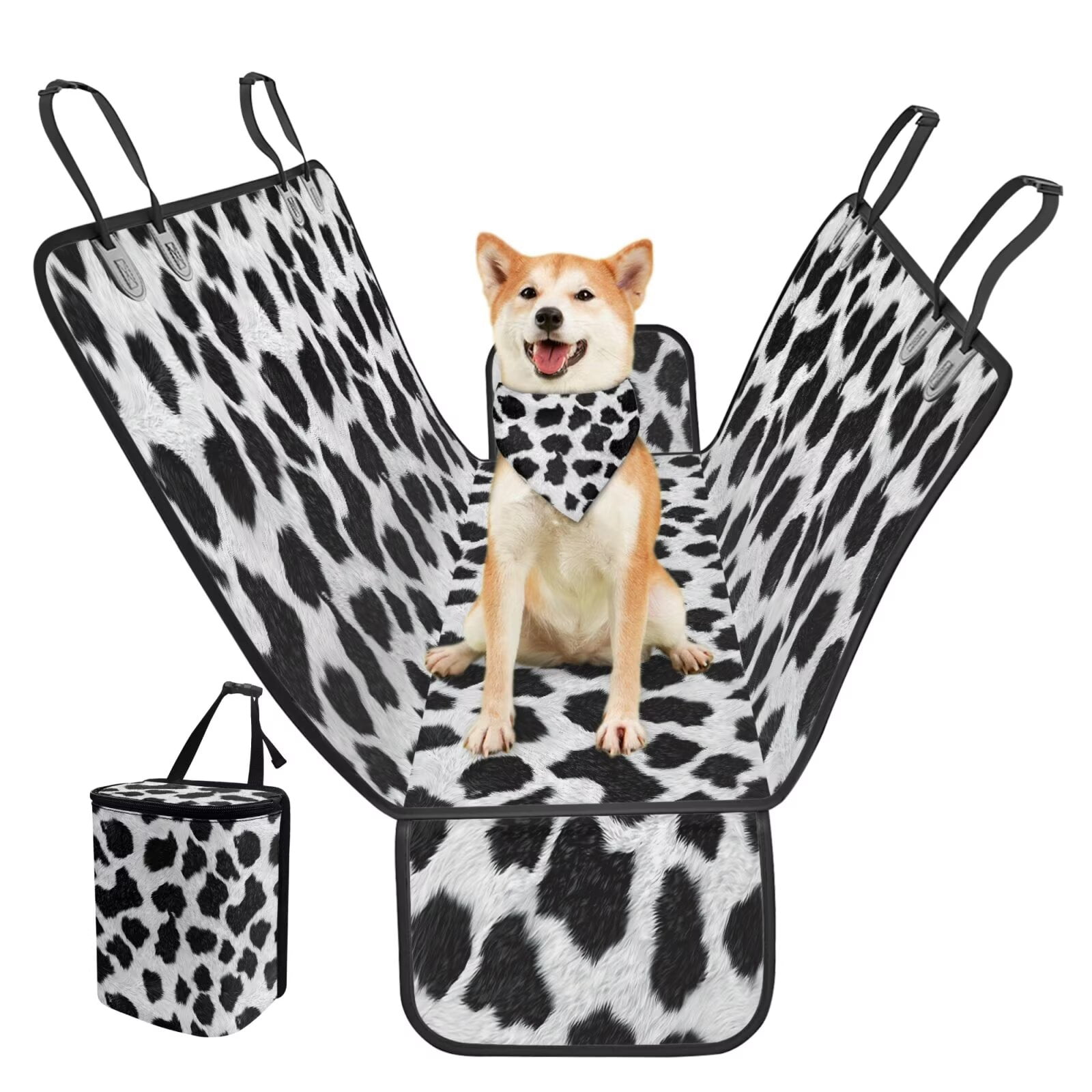 Garronmavis 3 PCS Car Seat Cover Dog Car Seat Cover for Back Seat Dog Bandanas Car Trash Bag Hanging Pet Car Seat Protection for Most Cars Trucks SUVs Black And White Cow Print