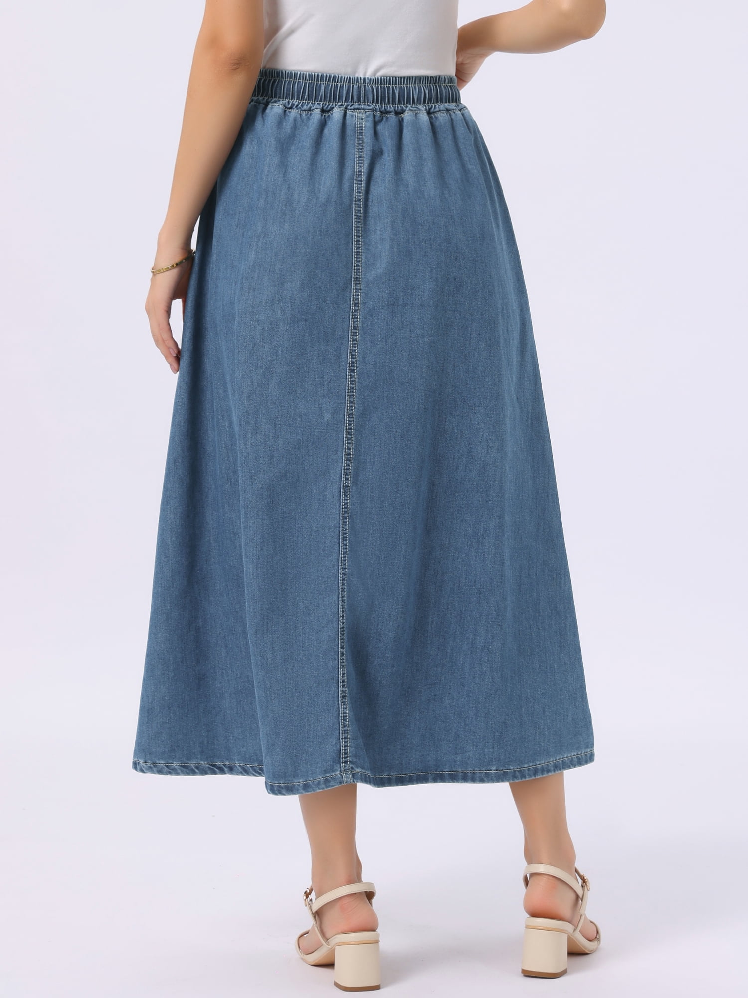 DARING DIVA Women's Elastic Waist A Line Long Jean Skirts L Blue