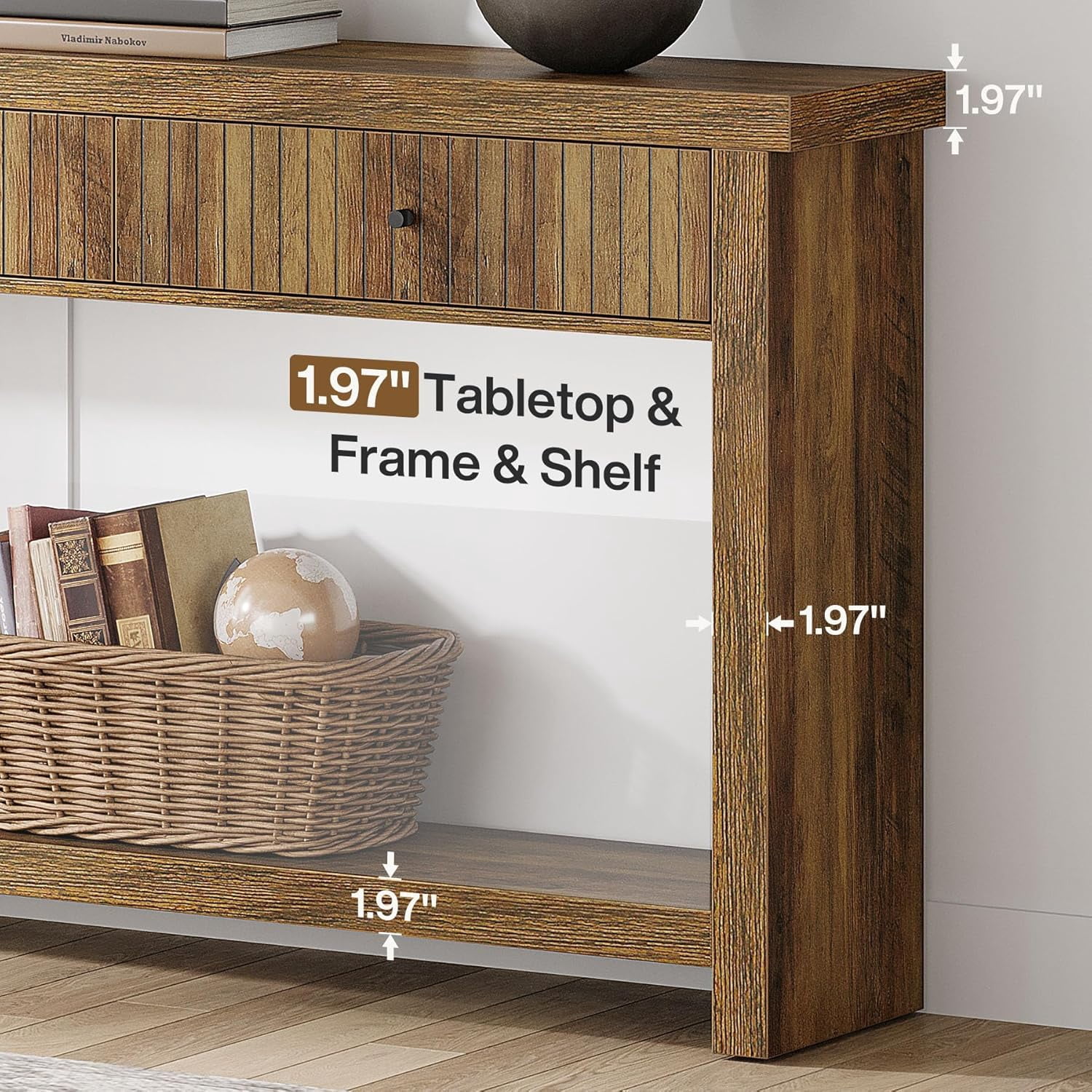 Finmind 3 Drawers Wood Console Table, 70.9 inch Entryway Table Oak Hallway Table with Open Storage Shelves for Living Room Hall Entrance, Brown