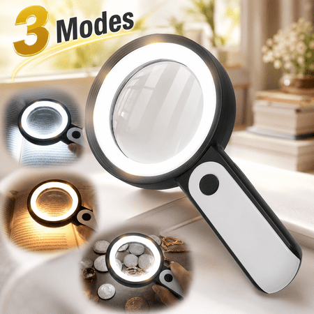 USTOP Magnifying Glass with Light, Handheld Large Magnifying Glass 18LED Cold and Warm Light with 3 Modes, Illuminated Lighted Magnifier for Seniors Reading, Coins, Jewelry.