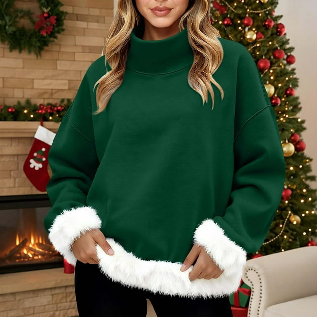 Chandails d'Automne et d'Hiver Grande Taille pour Femmes, Mode Féminine Décontractée, Col Roulé Imprimé, Haut à Manches Longues, Chandail, Chandails à Capuchon Amusants, Vert Noirâtre, TG
