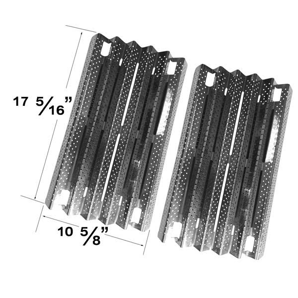 Replacement Heat Plate Nexgrill 720-0193, 720-0289, 720-0432, and Charmglow gas models, 2-pack. Made of stainless steel with dimensions of 17 5/16 inches by 10 5/8 inches. Compatible with various models from Charmglow, Costco, Home Depot, Kirkland Signature, Nexgrill, and The Source. Designed as a heat shield, burner cover, and flavorizer bar for BBQ grills.