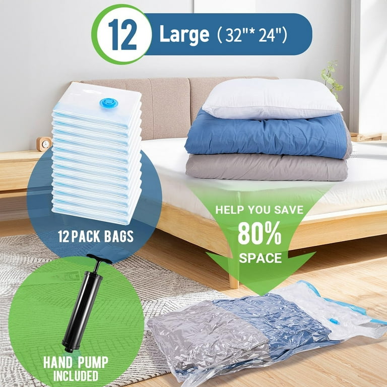Zpl Vacuum Storage Bags with Pump, 12 Pack Space Saver Bag, Vacuum Sealer Bags for Clothes, Blanket, Duvets, Pillows, Comforters, Travel,32x24 inch, Adult