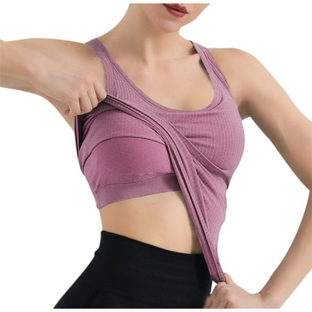 Spandex Rib Tank Top Built in Bra Women Sleeveless Racerback Padded Workout Yoga Tanks Casual Summer Clothes (Small  Pink)