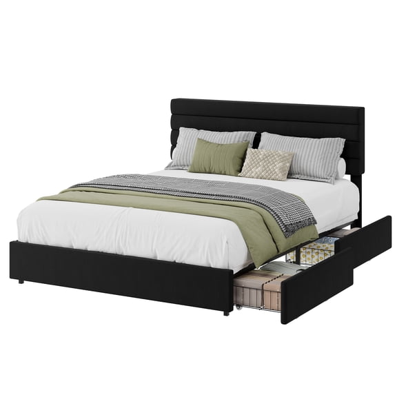 Queen Size Bed Frame with 4 Drawers,Upholstered Velvet Platform Bed with Adjustable Headboard,Wooden Slats Support, No Box Spring Needed