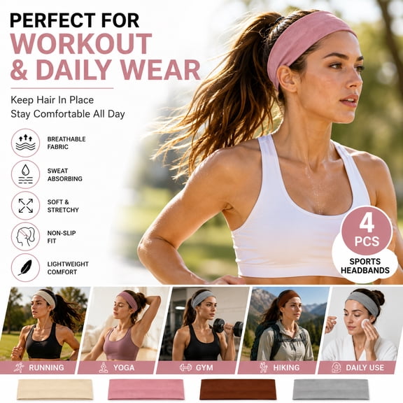 4PCS Seamless Sports Headbands for Women, Non-Slip Elastic Workout Head Bands, Sweat Absorbing Athletic Hair Bands for Running, Yoga, Gym, Fitness, Hiking, Daily Wear, Soft Stretch Headwrap Set